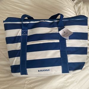 Manna Insulated Tote Bag Cooler Blue and White striped zippered with pocket